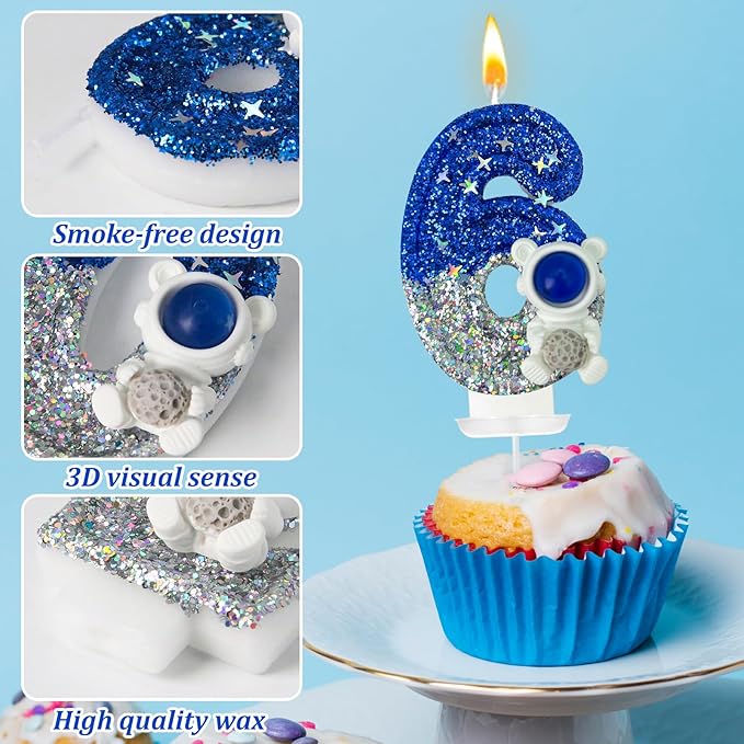 HXOUSE Astronaut 6th Birthday Candle - Space Universe Sparkler 6 Candle for Birthday Cake Boy, Topper for Party Decorations Anniversary Celebrations (Number 6)