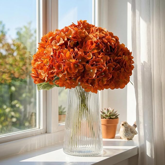 2Bouquets Artificial Fake Flowers Plants Silk Hydrangea Arrangements Wedding Bouquets Decorations Plastic Floral Home Kitchen Garden Party Festival Bar DIY (Orange,5 Flower Heads)
