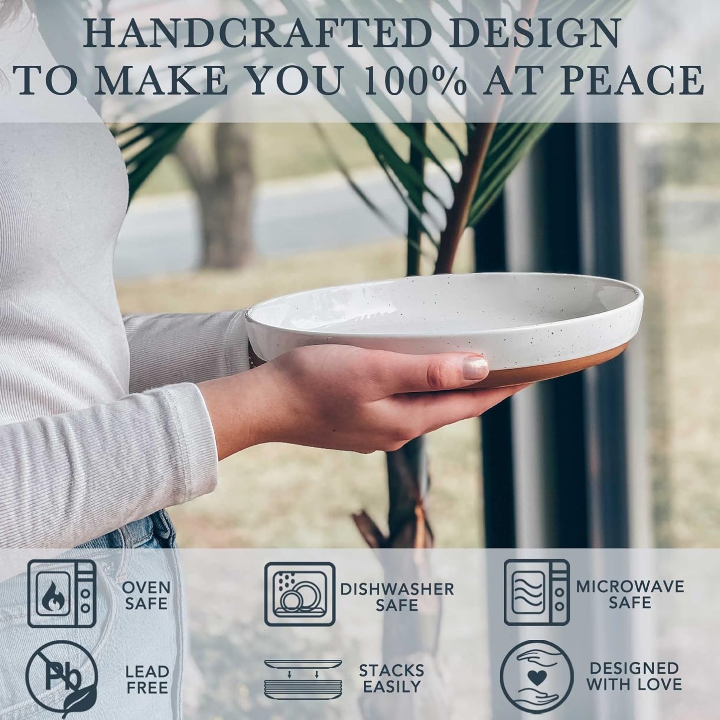 Mora Ceramic Flat Pasta Bowl Set of 4-35oz, Microwave Safe Plate with High Edge - Modern Dinnerware for Kitchen and Eating, Large Wide Bowls/Plates for Serving Dinner, Salad, etc- Vanilla & Charcoal