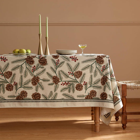ISAENNE Designer Christmas Beige Linen Extra Long Tablecloth Rectangle,Pinecones Pattern Indoor Table Cloths,Washable Decor Tablecloths for Dining Thanksgiving Kitchen,63"*110"-Carol B