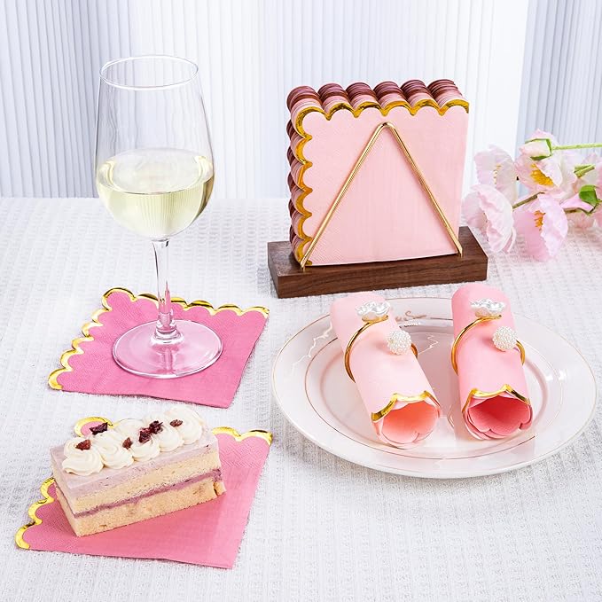 100 Pcs Pink Cocktail Napkins with Gold Foil Scalloped Edges 5 x 5 Inch Dessert Napkins Disposable Thick Paper for Wedding Dinner Birthday Party