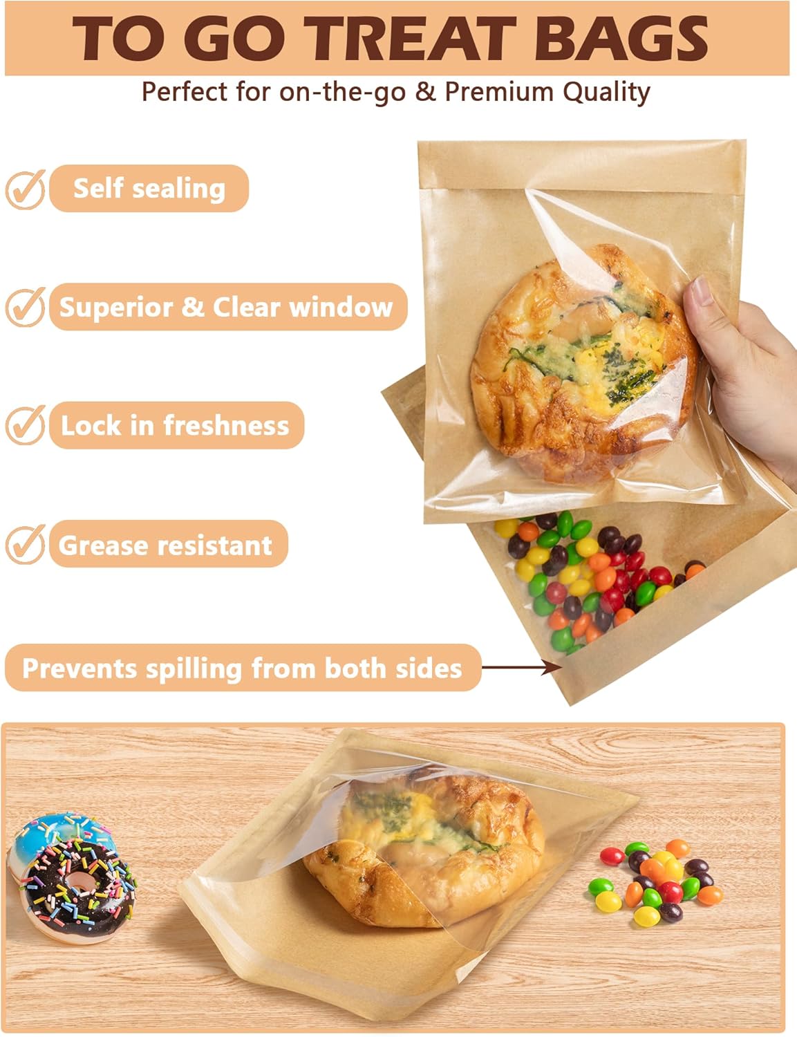 Self Sealing Sandwich Bags with Seal, 7 × 9.2 Inch 200PCS Paper Bakery Bags with Window, Grease Resistant To Go Sleeves for Packaging Donut, Snack, Scone, Brownie, Small Pastries and other Treats