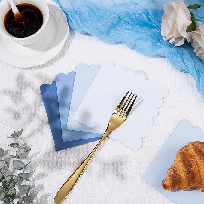 100 Pcs Blue Scalloped Napkins Gradient Color Cocktail Napkin Folded 5 x 5 Beverage Napkins Disposable Paper Napkins for Birthday Party Supplies