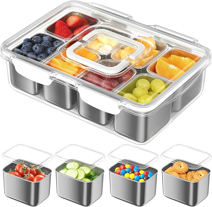 Snackle Box Container, 304 Stainless Steel Divided Serving Tray with Lid & Handle, Portable 8-Compartment Snack Organizer Box for Fruits, Veggies,Nuts & Candy,Dishwasher Safe for Travel,Picnic & Beach
