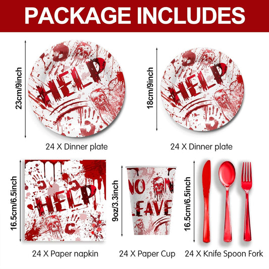 168 Pcs Hawlloween Bloody Party Supplies Tableware - Halloween Scary Party Decroations Include Plates, Cups, Napkins, Cutlery, Halloween Zombie Scary Party Decorations | 24 Guests