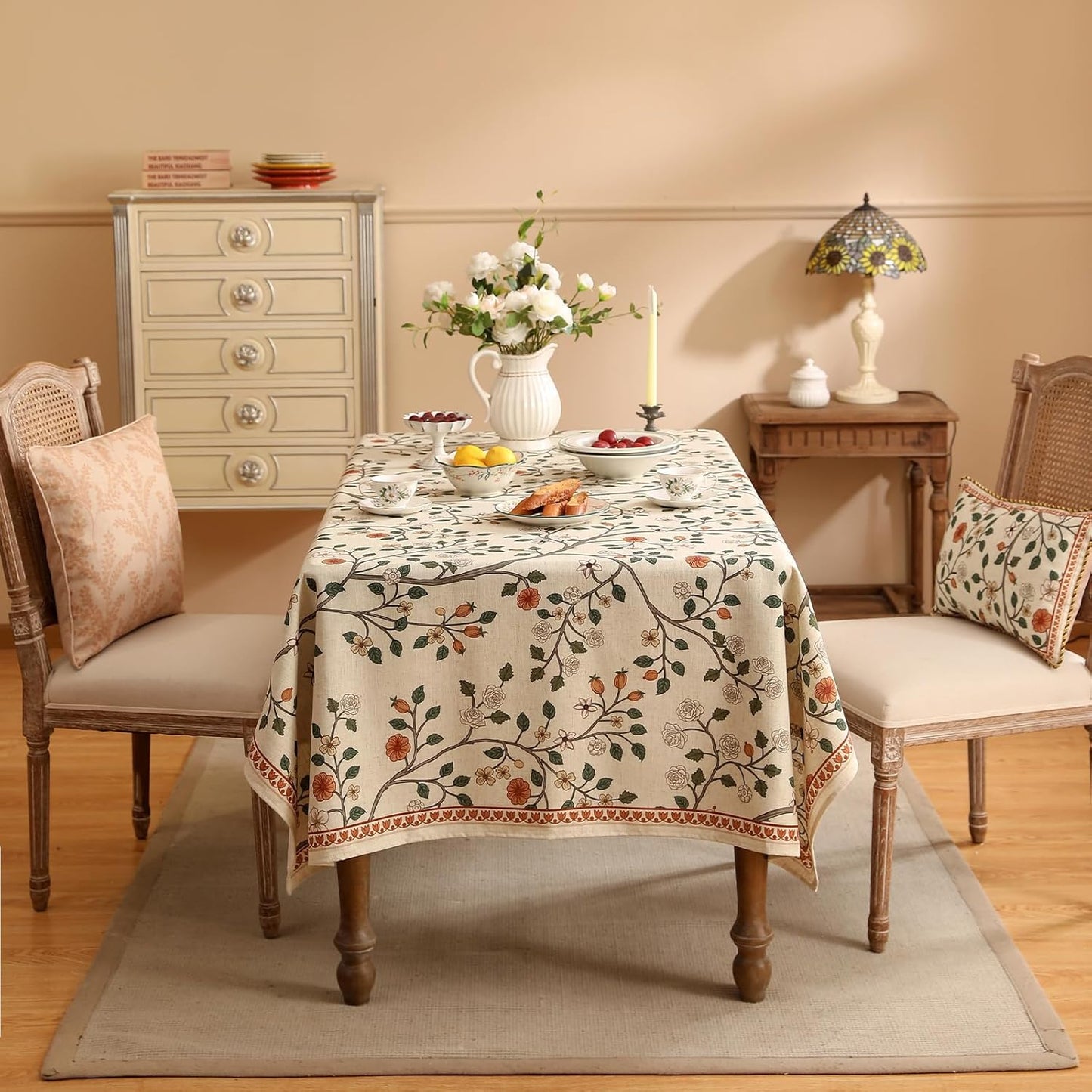ISAENNE Designer Floral Extra Long Rectangle Tablecloth,French Linen Light Beige Indoor Table Cloth,Fall Wrinkle Resistant Decor Tablecloths for Dining Thanksgiving Kitchen,67"*118"-Flora A