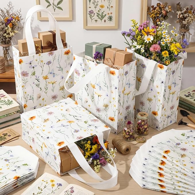 Supervitae 24 Pack Wildflower Butterfly Gift Bags Medium Floral Party Favor Bags Reusable Totes Non Woven Goodie Totes for Spring Summer Wedding Birthday Baby Shower Family Travel(9.8" x 7.9" x 3.9")