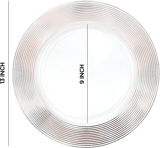 Rose Gold Charger Plates 13” (Set of 6) Dinner Service Plates for Parties, Weddings, Thanksgiving, New Year’s Eve Celebrations, Clear Plastic Disposable, Reusable Chargers, Dinner Plates