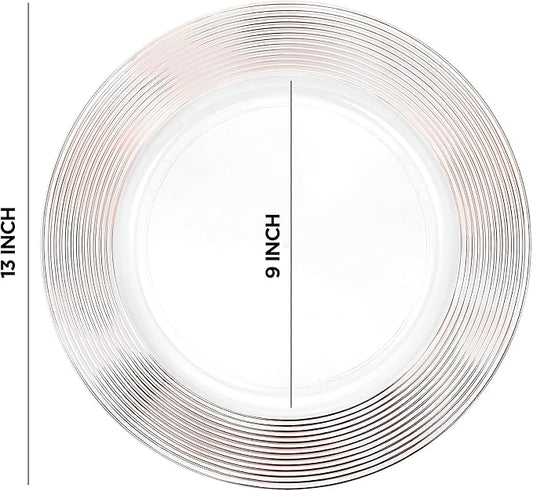 Rose Gold Charger Plates 13” (Set of 6) Dinner Service Plates for Parties, Weddings, Thanksgiving, New Year’s Eve Celebrations, Clear Plastic Disposable, Reusable Chargers, Dinner Plates