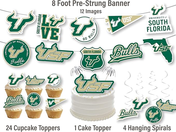 University of South Florida Party Supplies for USF Football, Birthday Gift, Graduation Party Banner and Cake Toppers (42 Pieces)(South Florida Bulls)