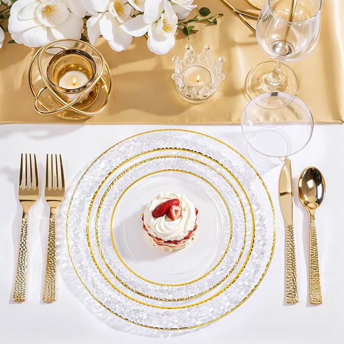 Nervure 102PCS Gold Plastic Plates - Disposable Clear Gold Party Plates Include 51PCS 10.25inch Dinner Plate & 51PCS 7.5inch Dessert Plate Perfect for Wedding & Party & Christmas
