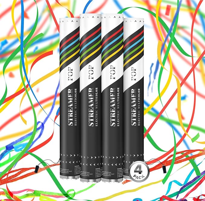 Electric Streamer Cannon Cartridges, 4 PIECES — 16" Multicolor Streamer Poppers for Weddings, Parties, Events | Requires 2-Shot/4-Shot Confetti Machine to Activate