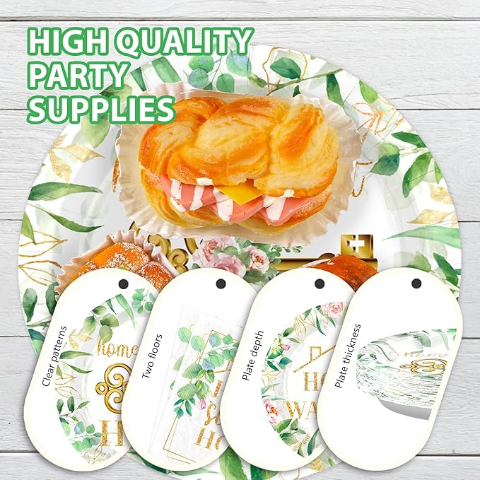 Grencian 200Pcs House Warming Party Decorations Housewarming Plates Disposable Home Sweet Home Plates Green Leaves Pink Floral Paper Tableware for New House Wedding Party Supplies, Serves 50