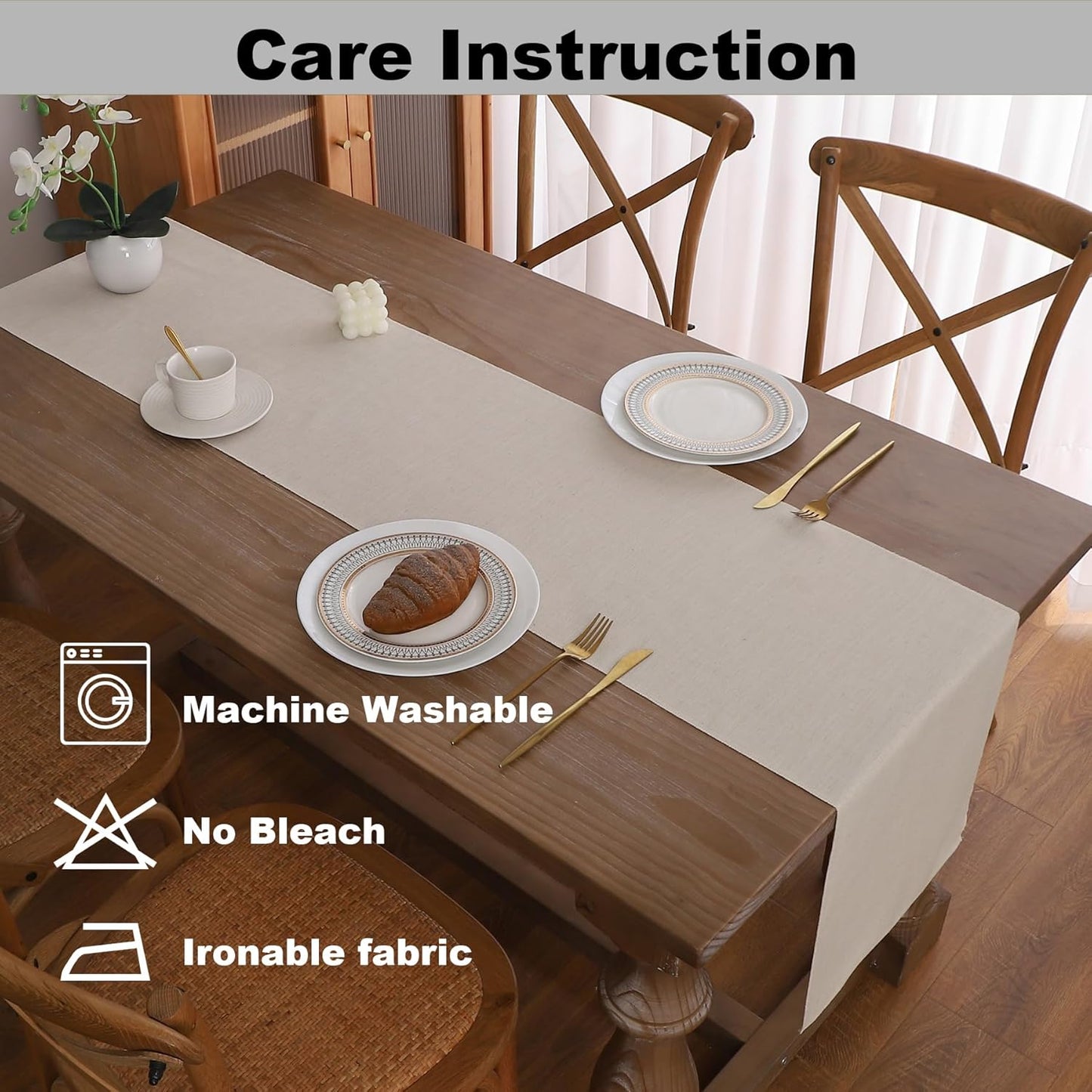 Gernaice Solid Color Table Runner, Rustic Cotton Linen Farmhouse Table Runners for Dresser Dining Living Room Bedroom Home Decor, 60" L X 13" W Beige