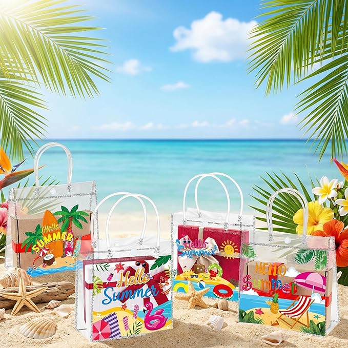 H1vojoxo Hello Summer Gift Bags - 24PCS Beach Vacation Clear Gift Bags with Handles 7.9 x 3.2 x 7.9 Inch Reusable PVC Plastic Transparent Waterproof Tote Bag for Summer Party Birthday Party Supplies