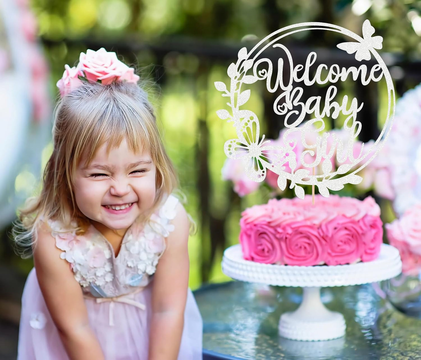 Welcome Baby Girl Cake Topper - Silver Glitter Baby Shower Cake Decorations, Baby Girl Cake Decor, for Baby Shower/Birthday Party/Gender Reveal Party Photo Booth Props