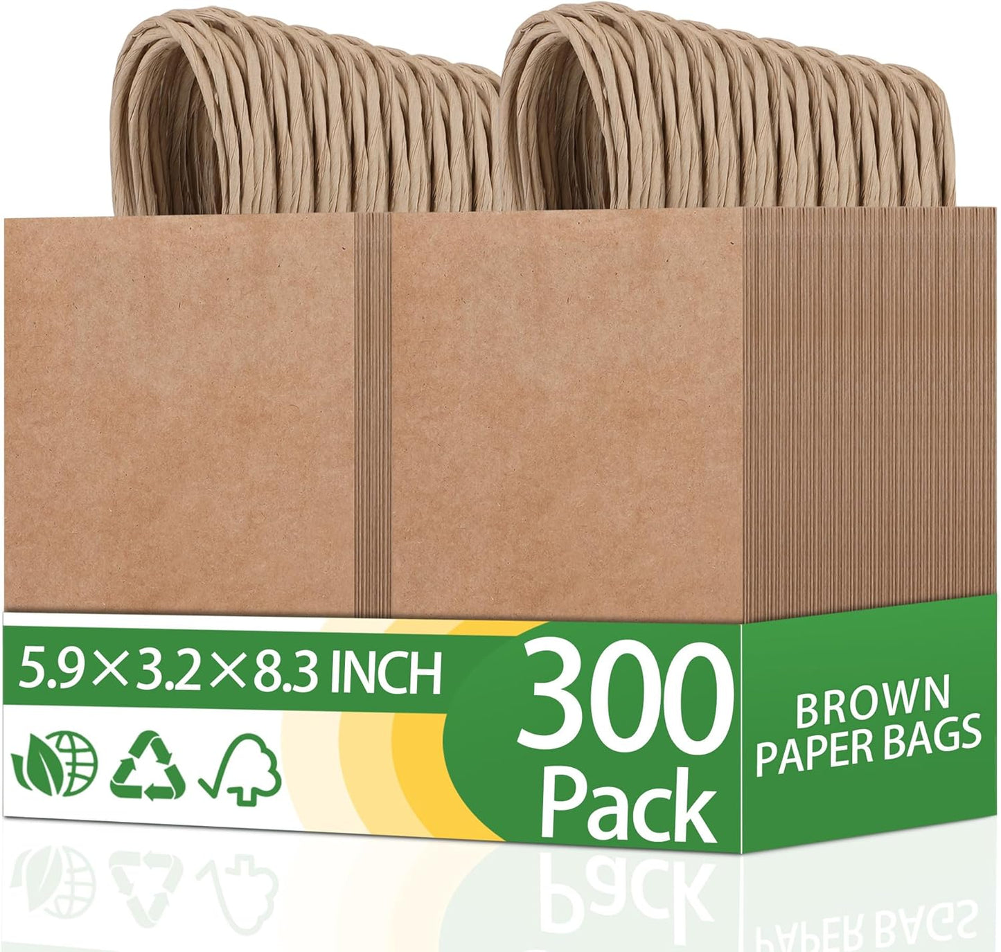 OEMVALATY 300Pcs 5.9x3.2x8.3 Inch Small Brown Paper Bags with Handles Bulk Gift Wrap Bags Kraft Paper Gift Bags for Birthday Party Favors Grocery Retail Business Shopping Merchandise Goody Craft Bags
