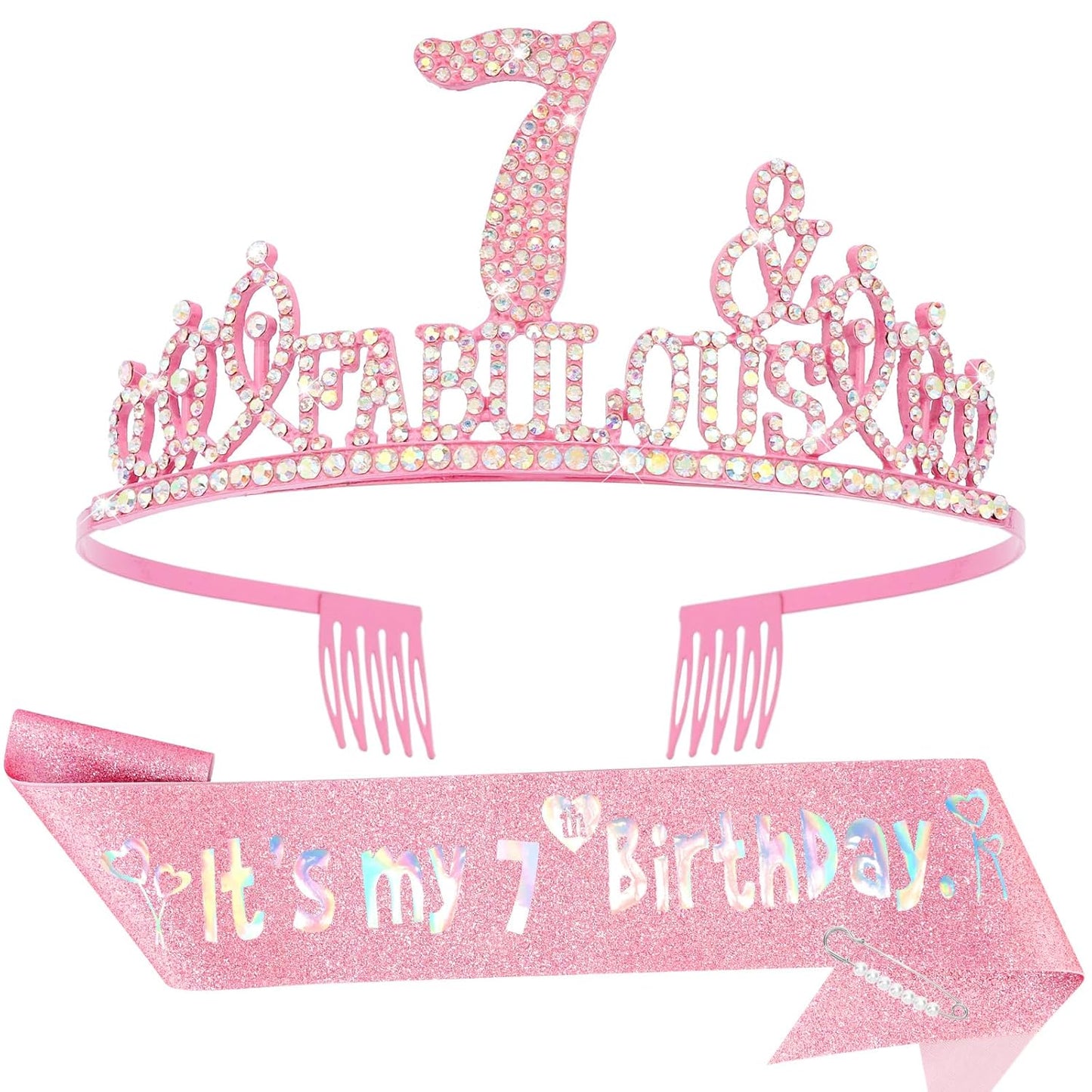 7th Birthday Decorations for Girls Set - Happy 7th Birthday Princess Crown and Glitter Sash, 7 Year Old Girl Tiara Party Decorations Supplies Outfit Accessory Gifts
