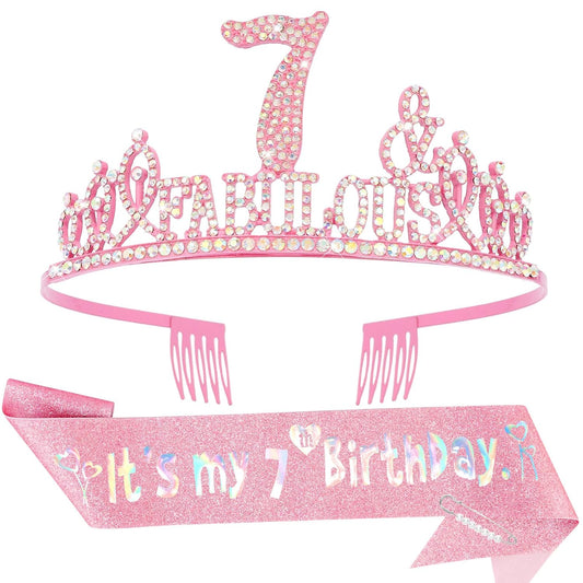 7th Birthday Decorations for Girls Set - Happy 7th Birthday Princess Crown and Glitter Sash, 7 Year Old Girl Tiara Party Decorations Supplies Outfit Accessory Gifts