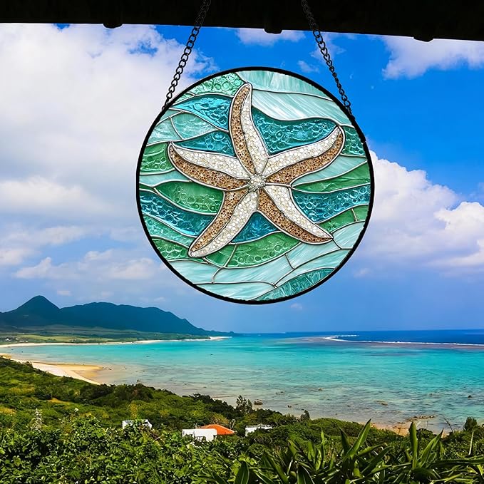Stained Glass Window Hanging Teal Sea Waves Starfish 9.8" - Suncatcher Door Garden Sun Catcher Home Decor Birthday Mother's Day for Mom Men Woman Parents Her Child Nana