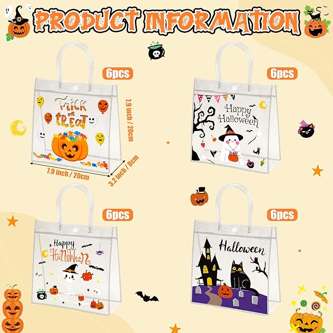 H1vojoxo Halloween Themed Gift Bags - 24PCS Happy Halloween Clear PVC Bags with Handle Reusable Trick or Treat Goodie Treat Candy Tote Bag for Kids Pumpkin Ghost PVC Tote Bag for Party Decoration