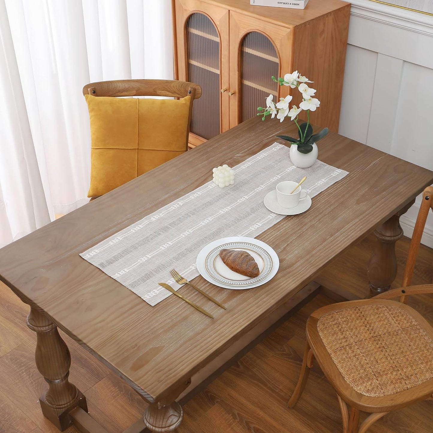 Gernaice 2PCS Boho Table Runner, Embroidered Cotton Linen Farmhouse Table Runners for Dresser End Coffee Table Home Decor, 24" L X 13" W Brown