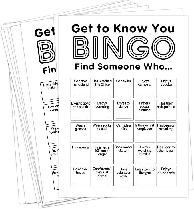 Sahjzk Office Bingo Cards, 25 Unique Randomized 5x7 Sheets, Get to Know You Bingo Game for Adults, Ice Breaker Office Party Games, Team Building Games for Work, High Replay Value - A01