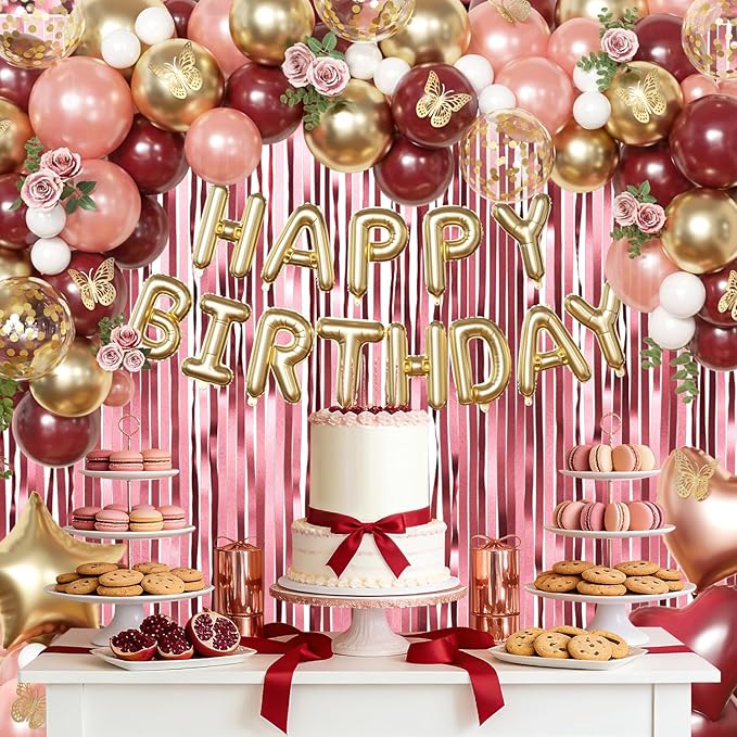 Burgundy Birthday Decorations for Women, Maroon Metallic Rose Gold White Gold Foil Confetti Balloons Happy birthday Banner Gold Butterfly Fringe Curtains Birthday Decorations for Women Girls