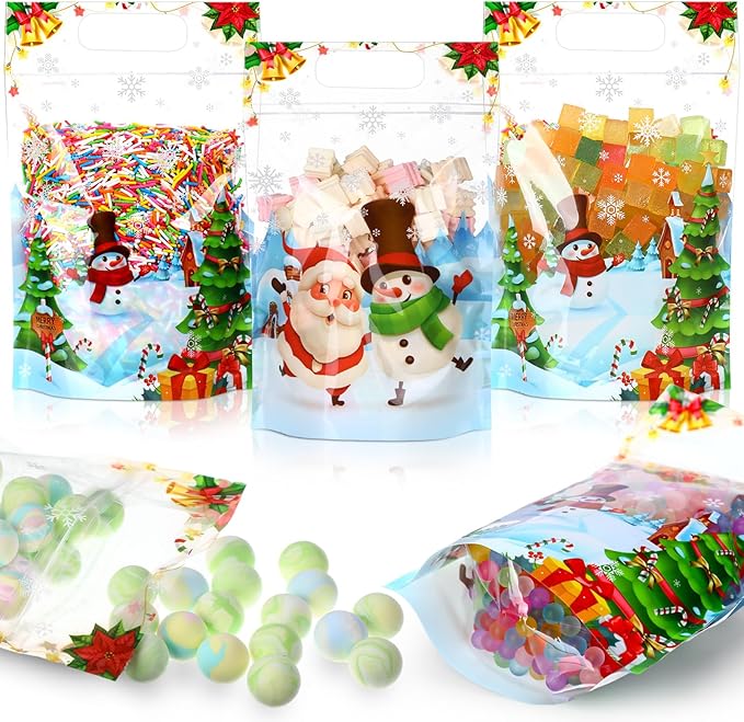 Blosssound 50 Pcs Christmas Goodie Bag Xmas Gift Bags Plastic Snowman Candy Pouches Merry Christmas Favor Pouches with Handle for Xmas Holiday Party Candy Guests Gift Wrapping Supplies Decor(Snowman)