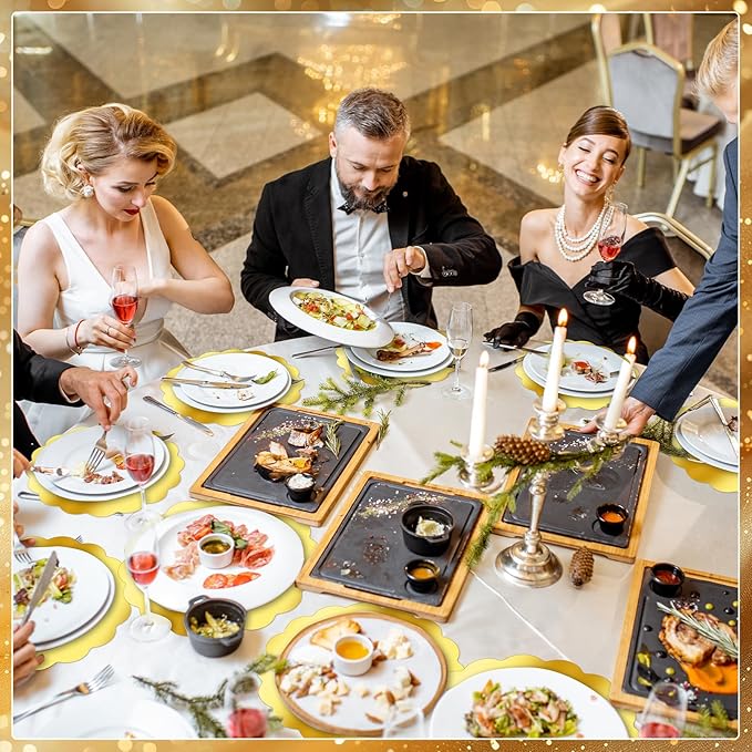 150 Pcs Scalloped Round Gold Paper Placemat for Dinner Plates,13.5" Round Disposable Place Mats Chargers Bulk Christmas Wedding Birthday Party Foil Paper Table Mats Decorative