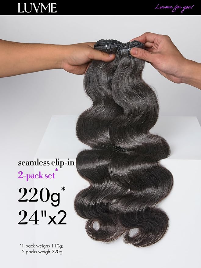 LUVME Body Wave Seamless Clip in Hair Extensions 2 Pack 220g, 14 Inch Natural Black, 100% Real Remy Human Hair, Soft Full Volume, Easy Clip Ins for Daily Wear, Work, Parties & Weddings