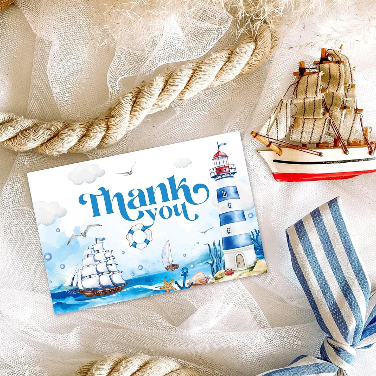 Whaline 24 Pack Nautical Thank You Cards Summer Blue Sea Lighthouse Ship Note Cards with Envelopes Stickers Marine Greeting Blank Cards for Birthday Baby Shower