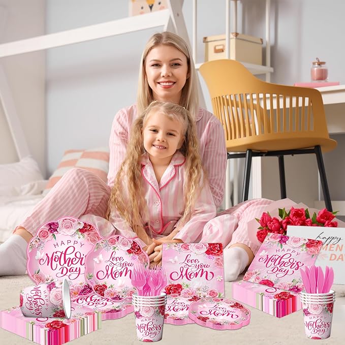 Happy Mother’s Day Party Supplies-144Psc Floral Day Plates and Napkins Cups for 24 Guests,Watercolor Flowers Design for Mothers Day Dinner Party Decorations,Family Brunch Tableware