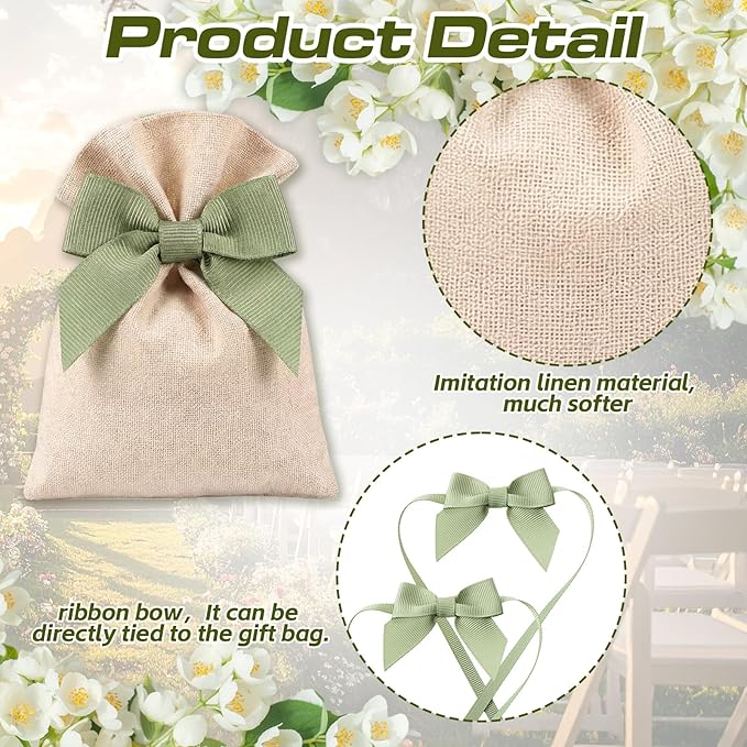 Windyun 30 Pcs Bow Wedding Burlap Gift Bag 6 x 4 Inch Ivory White Cotton Burlap Gift Bags with Sage Green Ribbon Bow Boho Small Reusable Pouches for Wedding Bridal Shower Baby Shower Party Favor