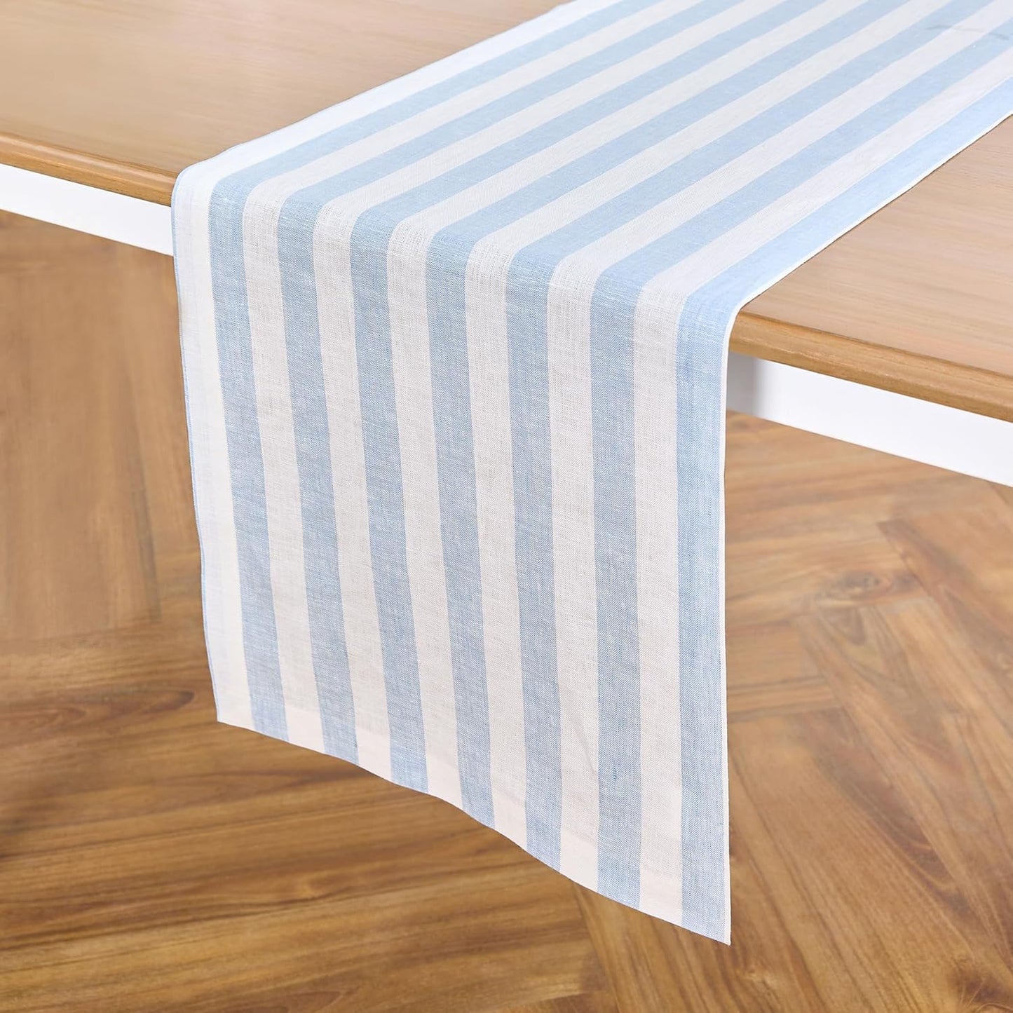 Solino Home Linen Striped Table Runner 60 Inches - Sorrento Stripe, 100% Pure Linen Blue and White Small Table Runner 14 x 60 Inch Ideal for Dresser and Coffee Tables