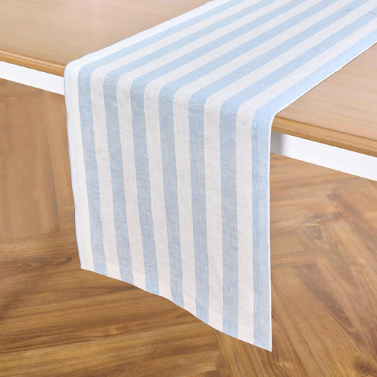 Solino Home Linen Table Runner 108 Inches Long - Sorrento Stripe, 100% Pure Linen Blue and White Farmhouse Table Runner 14 x 108 Inch for Dining