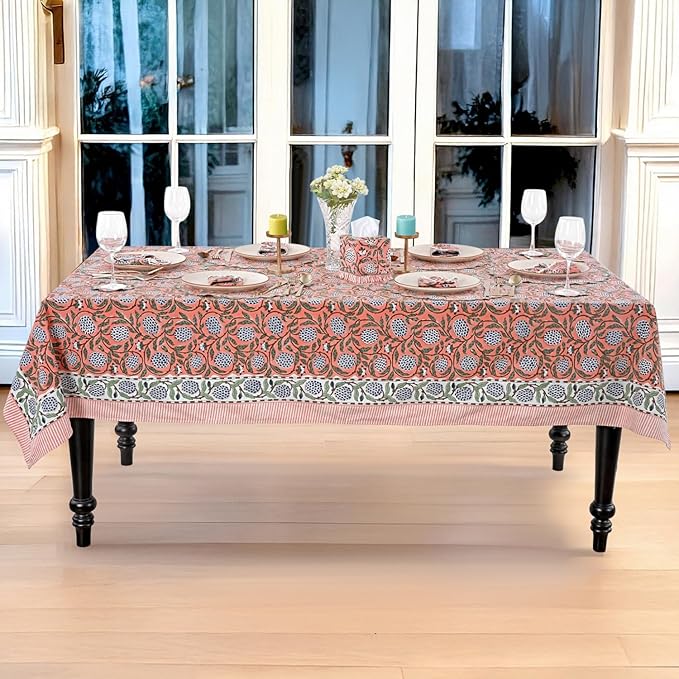 Ridhi Hand Block Print Dark Salmon Pink Rectangle Cotton Tablecloth 190" x 72" Reusable Table Cover Decorative Everyday Use for Dining, Farmhouse, Home Gift for Spring, Easter, Valentine