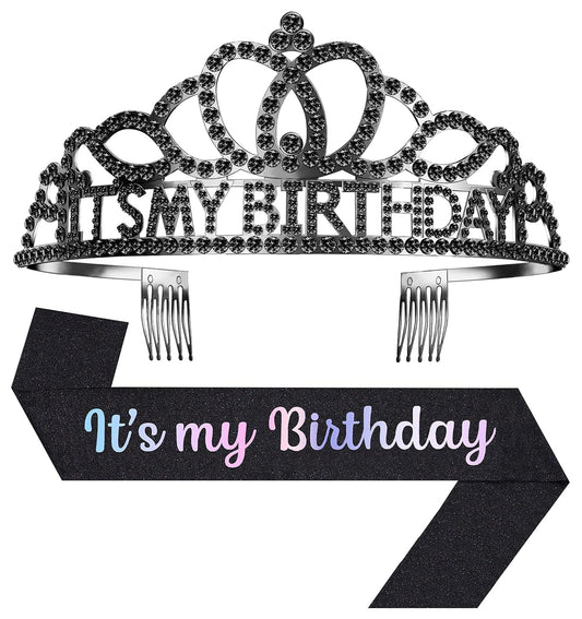 Birthday Tiara and Crown with Sash, Birthday Tiara for Women Party Black