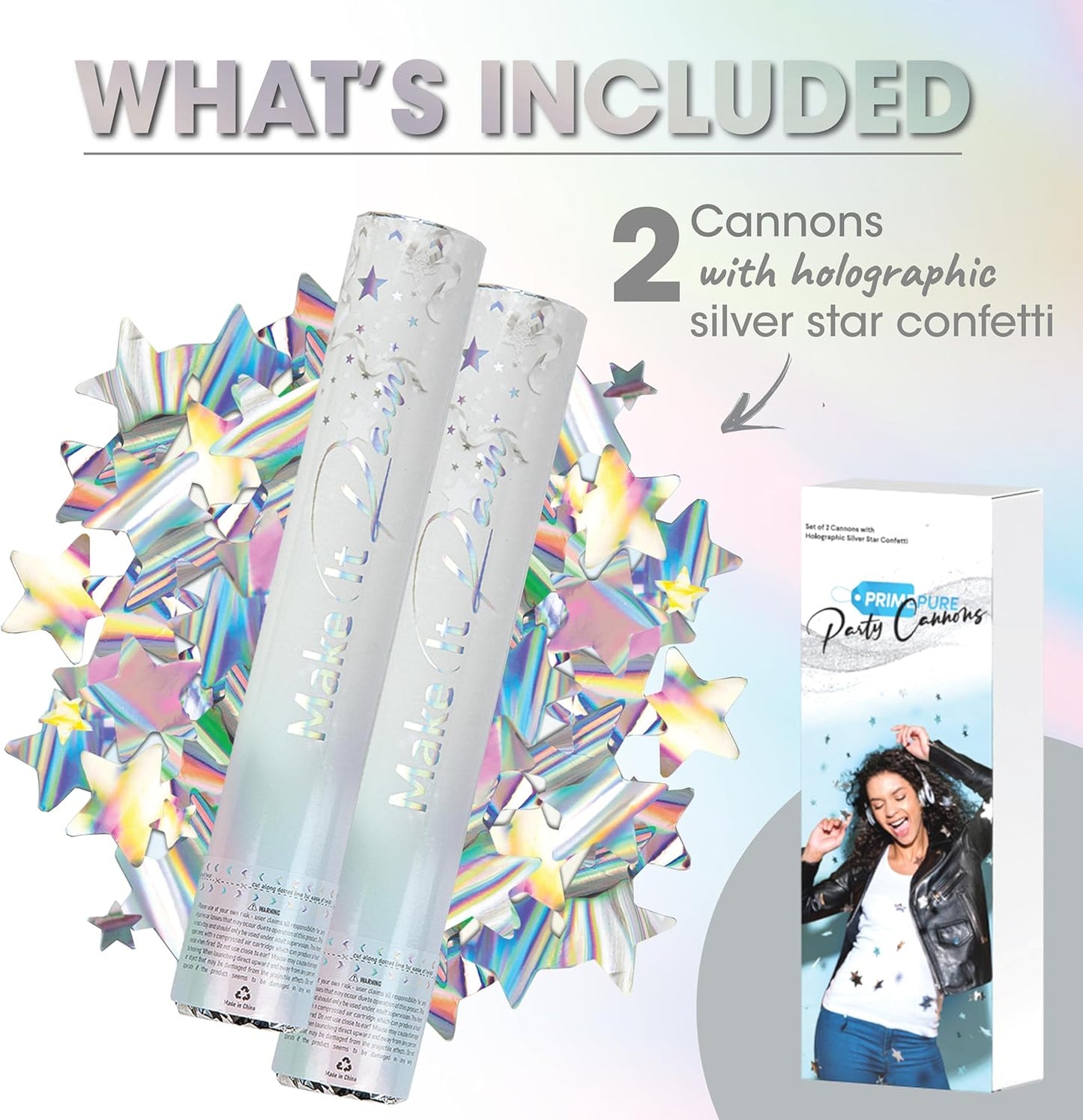 PrimePure Confetti Cannon Party Poppers - Holographic Silver Stars Confetti Popper - 2 Pack - New Years Party Cannon Silver Glitter Star Pop Gun for NYE 2026, Birthday, Celebration, Pranks