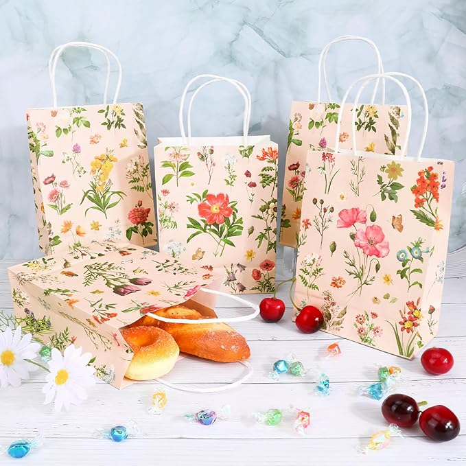 Konsait 16 Pack Floral Gifts Bags, Vintage Style Small Floral Gift Bags with Handle, Kraft Paper Flower Party Favor Bags for Wedding Birthday Bridal Shower Engagement and More