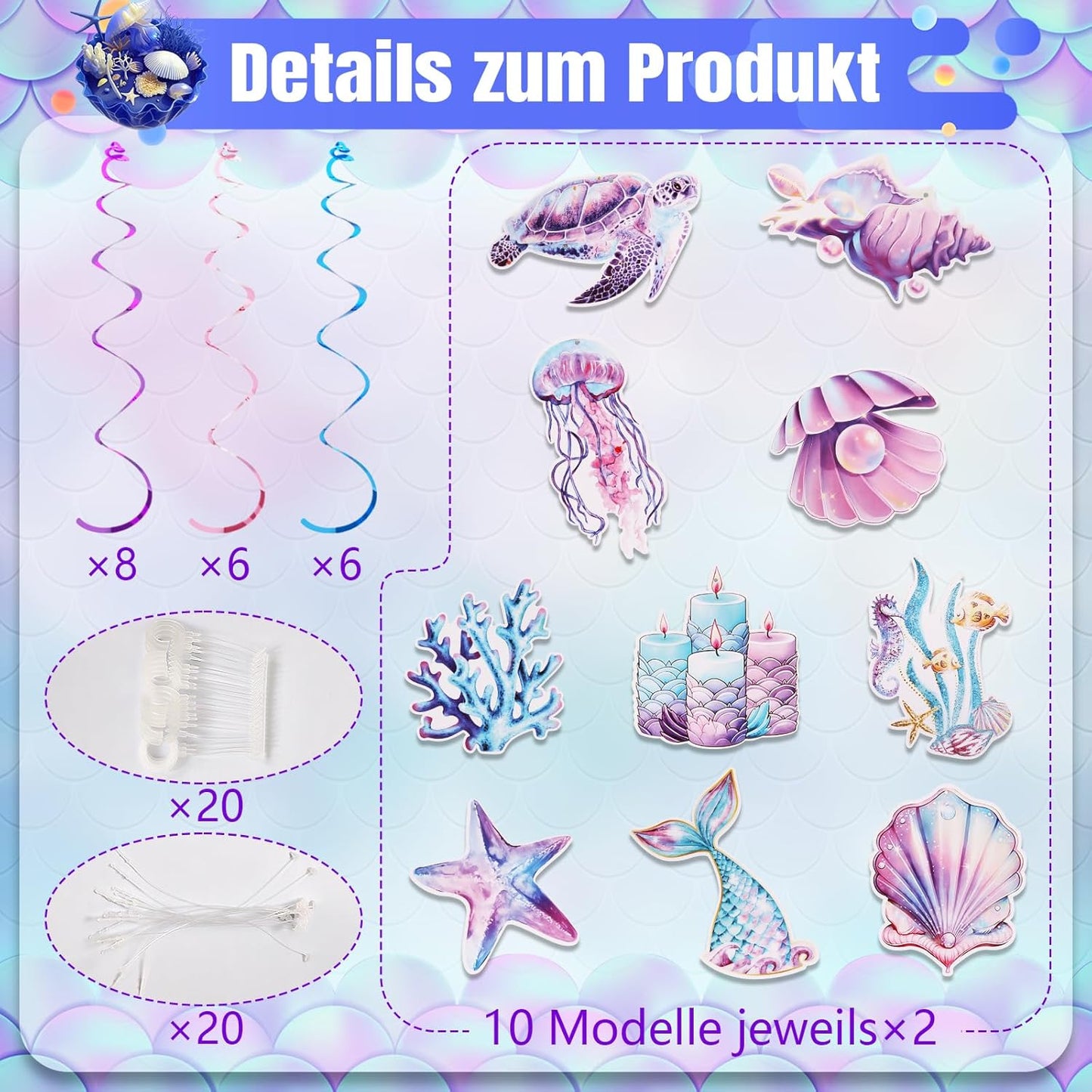 Kaluofan Mermaid & Ocean Theme Party Streamers, 40pcs Hanging Ornaments, Whimsical Mermaid Decor for Girls Birthday, Baby Shower, Under the Sea Party Supplies