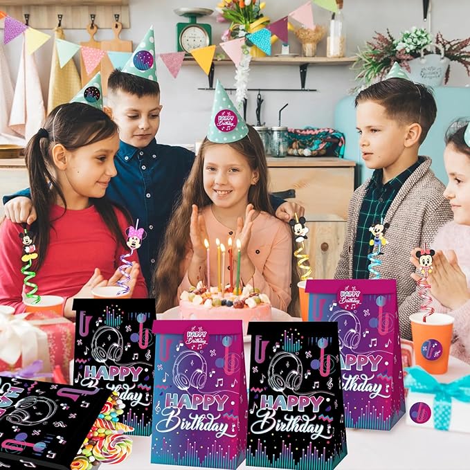 Happy Birthday Party Favors Gift Bags Candy Goodie Bag Black-Purple Decorations Treat Bag 2 Styles Popular Singer Music Paper Rack N Roll Wedding Bridal Baby Shower Decor(12 Pcs)