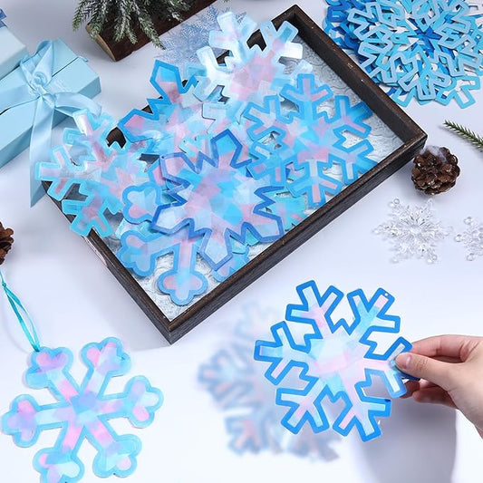 Motipuns 32 Pcs Winter Snowflake Suncatcher Ornament Craft Kit with Blue Ribbon, Christmas Window Art Decoration DIY Ornament Set for Adults Winter Activity