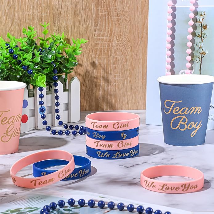 Jetec 60 Pieces Gender Reveal Bracelets, Team Boy Silicone Wristbands and Team Girl Rubber Bracelets for Gender Reveal Ideas Party Supplies Decorations