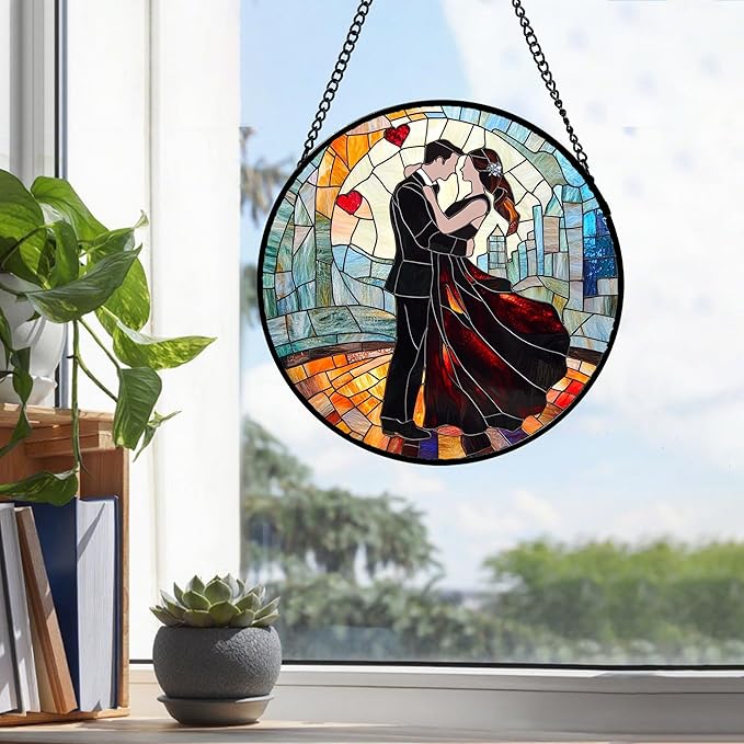 Stained Glass Window Hanging Couples Embracing Red Heart Large 11.8" - Suncatcher Door Garden Sun Catcher Decor Birthday Anniversary Valentines Day Gifts for Woman Wife Men Her Him Lovers