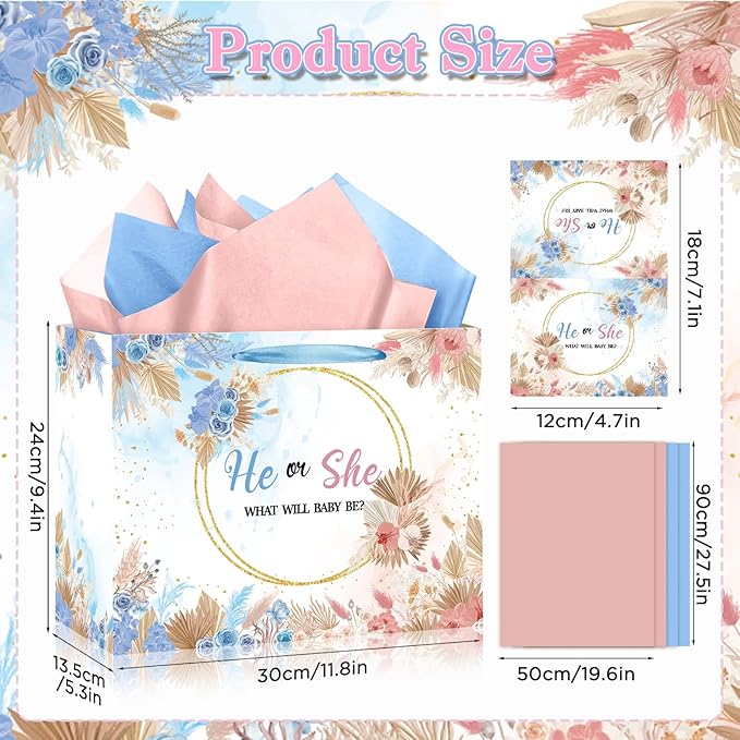 Gender Reveal Gift Bag Blue Pink Boy or Girl Paper Bag with Wrapping Paper Card What Will Baby Be Party Decoration Boho Flower Treat Candy Bag for Baby Shower Gender Reveal Birthday Party Supplies