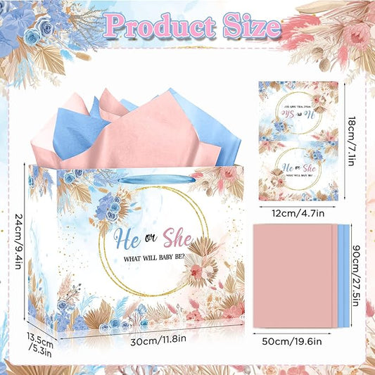 Gender Reveal Gift Bag Blue Pink Boy or Girl Paper Bag with Wrapping Paper Card What Will Baby Be Party Decoration Boho Flower Treat Candy Bag for Baby Shower Gender Reveal Birthday Party Supplies