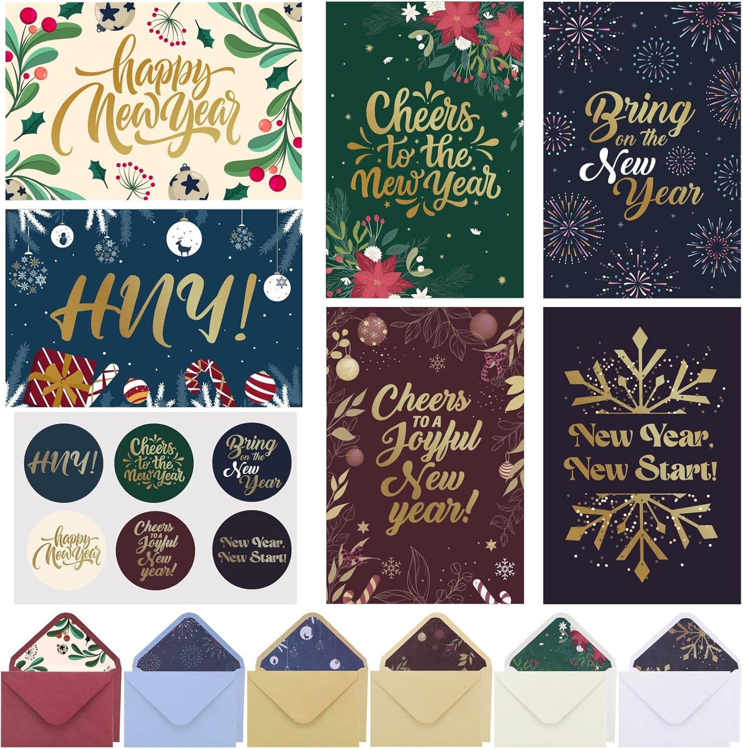 New Year Cards with Envelopes, 36 Pack 4x6in Happy New Year Greeting Cards, Gold Foil Holiday Card with Stickers, 6 Assorted Design