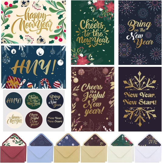 New Year Cards with Envelopes, 36 Pack 4x6in Happy New Year Greeting Cards, Gold Foil Holiday Card with Stickers, 6 Assorted Design