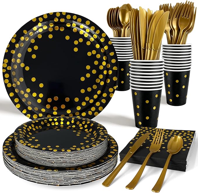 Disposable Plates for Party 25 Sets, Holiday Paper Plates and Napkins w/Cutlery & Cups, Heavy Duty Golden Dot Black Party Plates Napkins Cups for Baby Shower Birthday Wedding